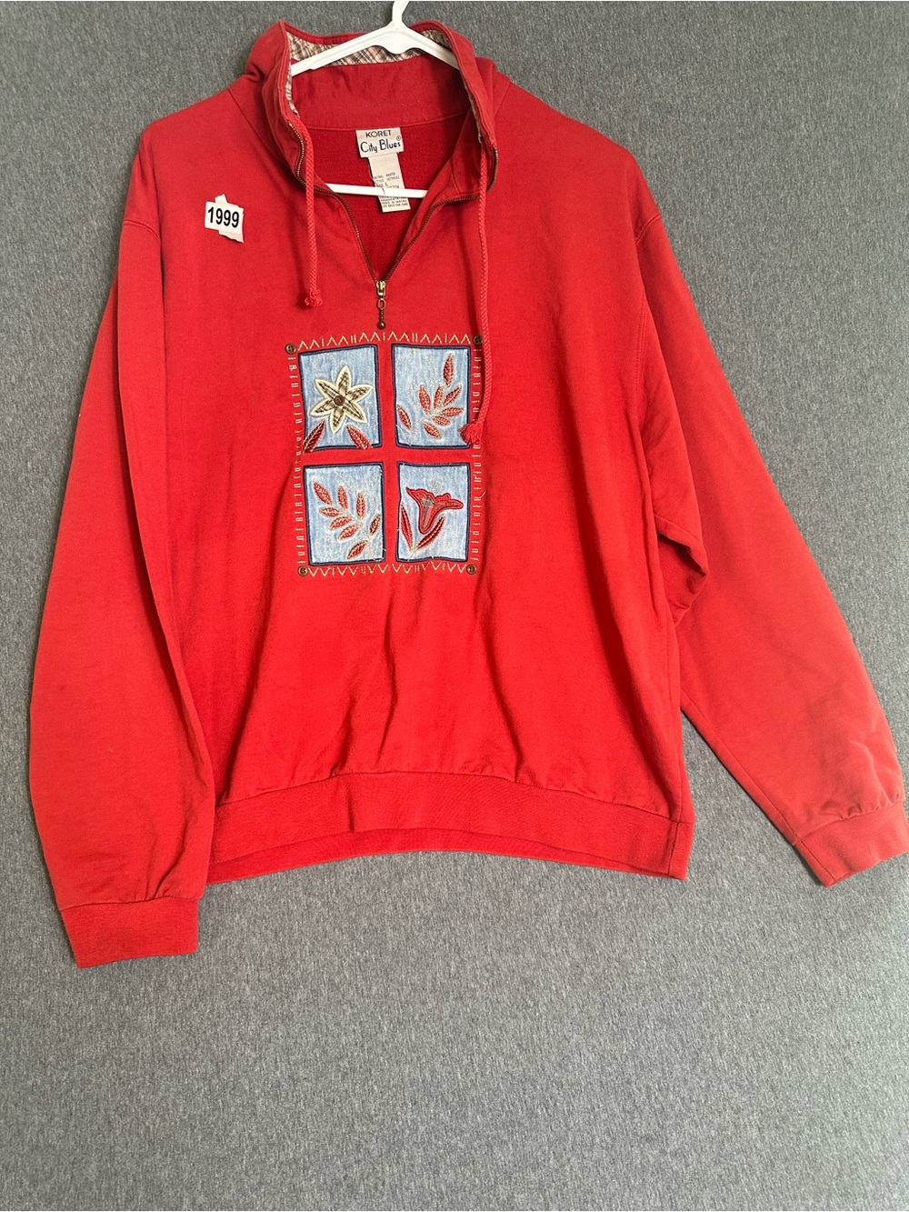 Vintage Koret Red Zip-Up Sweater with Embroidered Panel